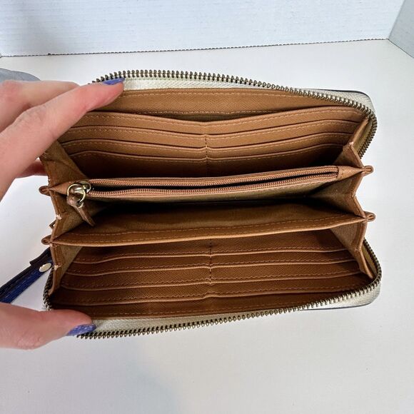 FOSSIL EMMA RFID Zip Around Continental Wallet Blue Tan Cream Geometric Pattern - Picture 7 of 11